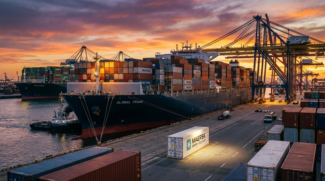 Container ship at sunset